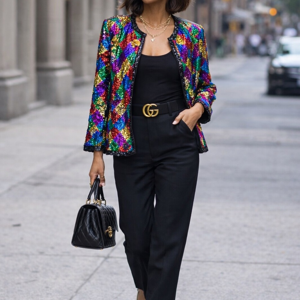 Vintage Royal Feelings Rainbow Harlequin Sequin Jacket 100% Silk XL